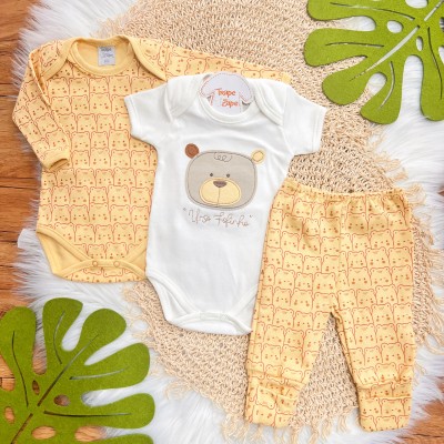 Conj. de Malha 3 peças - Urso Fofinho - Amarelo e Off White Conj. de Malha 3 peças - Urso Fofinho - Amarelo e Off White